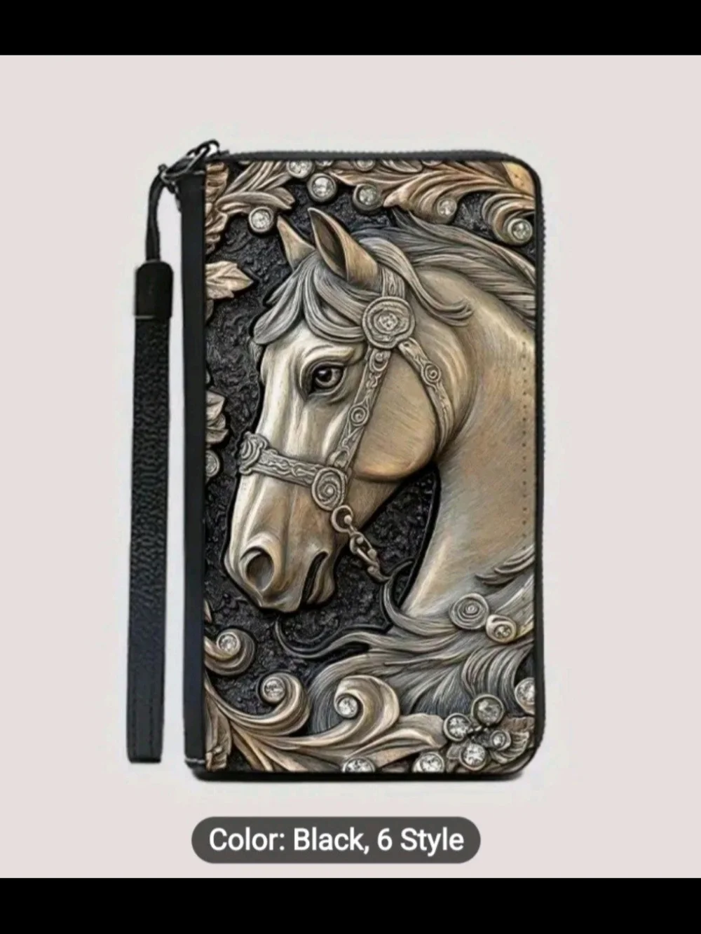 Horse Embossed Relief Full Zip Multi-Card Wallet/Phone Case W/Wristlet Strap